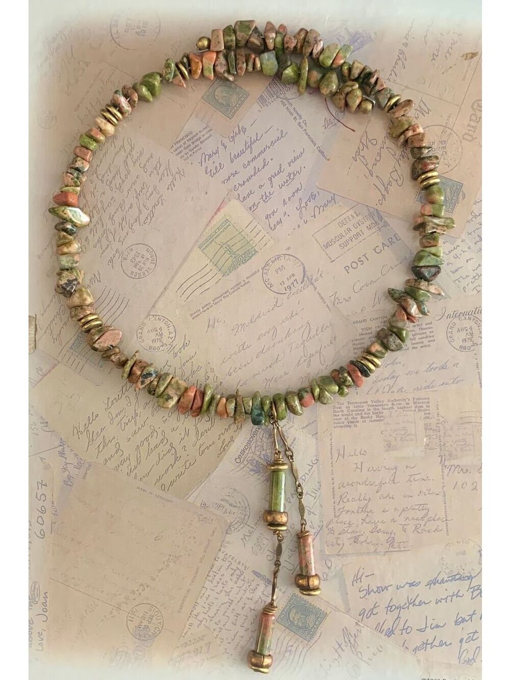 Vintage Boho Genuine Unakite Jasper Chip & Dangle Drop Choker